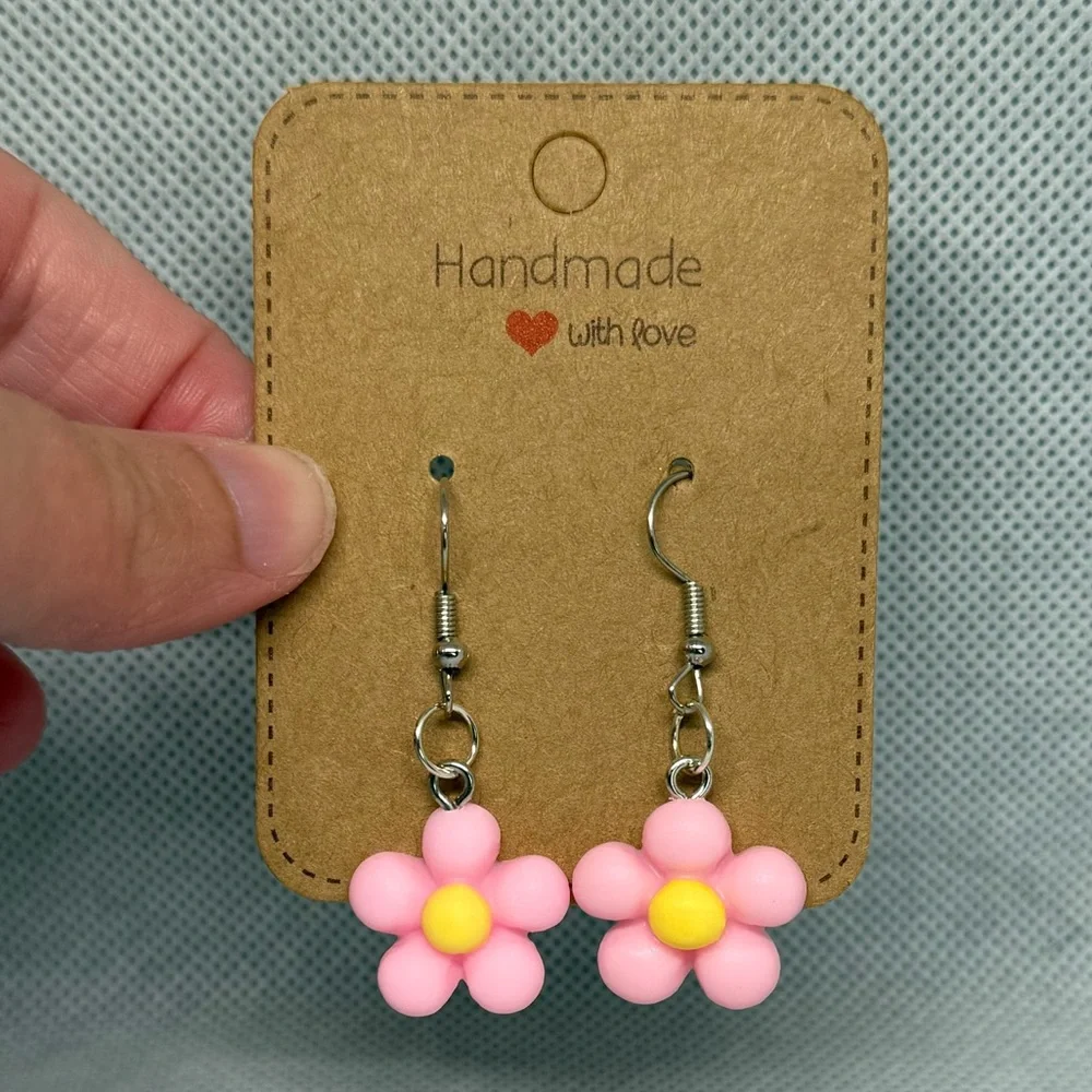 Handmade Pink and Yellow Flower Earrings